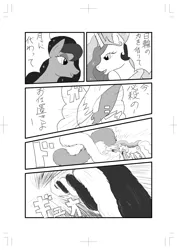 Size: 1240x1754 | Tagged: safe, artist:seidouryu, derpibooru import, princess celestia, princess luna, alicorn, pony, comic, dialogue, female, japanese, mare, monochrome