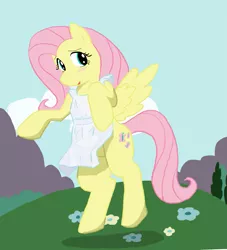 Size: 1087x1198 | Tagged: safe, artist:seidouryu, derpibooru import, fluttershy, pegasus, pony, apron, clothes, cloud, featureless crotch, female, mare, naked apron, rearing, solo