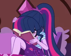 Size: 1305x1036 | Tagged: safe, derpibooru import, screencap, sci-twi, twilight sparkle, equestria girls, equestria girls series, holidays unwrapped, spoiler:eqg series (season 2), bed, blizzard or bust, book, clothes, cropped, exhausted, female, frustrated, legs, pillow, ponytail, sci-twi's room, skirt, solo, studying