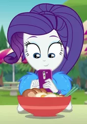 Size: 764x1080 | Tagged: safe, derpibooru import, screencap, rarity, equestria girls, equestria girls series, lost and pound, spoiler:choose your own ending (season 2), spoiler:eqg series (season 2), beautiful, chopsticks, cropped, cute, female, food, geode of shielding, lost and pound: spike, magical geodes, mobile phone, noodle bowl, noodles, outdoors, phone, pretty, raribetes, smartphone, solo, table, taking a photo, umbrella