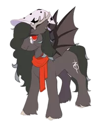 Size: 1014x1200 | Tagged: artist needed, safe, artist:十八, derpibooru import, oc, unofficial characters only, bat pony, pony, 2020 community collab, derpibooru community collaboration, clothes, fangs, female, hat, horns, mare, monocle, piercing, scarf, simple background, solo, transparent background, unshorn fetlocks