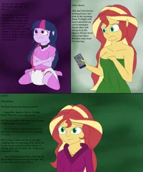 Size: 3100x3728 | Tagged: suggestive, artist:diaperednight, derpibooru import, sci-twi, sunset shimmer, twilight sparkle, comic:midnight's pet, equestria girls, age regression, breasts, comic, cyoa, diaper, diaper fetish, fetish, implied midnight sparkle, offscreen character, phone, towel