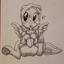 Size: 1024x1024 | Tagged: safe, artist:riggyrag, derpibooru import, rainbow dash, pegasus, pony, /mlp/, clothes, dr pepper, drinking, featureless crotch, female, frog (hoof), hoodie, mare, monochrome, signature, simple background, soda, solo, straw, traditional art, underhoof, white background