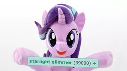 Size: 4096x2304 | Tagged: safe, artist:nekokevin, derpibooru import, edit, starlight glimmer, pony, unicorn, derpibooru, series:nekokevin's glimmy, cute, female, glimmerbetes, irl, looking at you, mare, meta, milestone, open mouth, photo, plushie, simple background, smiling, solo, tags, underhoof, white background
