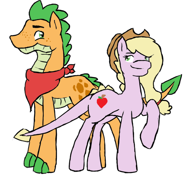 Size: 836x768 | Tagged: safe, artist:miesdo, derpibooru import, oc, oc:apple fire, oc:appleheart, dracony, dragon, hybrid, pony, applejack's hat, bandana, brother and sister, cowboy hat, duo, female, hat, interspecies offspring, male, neckerchief, offspring, parent:applejack, parent:spike, parents:applespike, siblings, simple background, stetson, white background