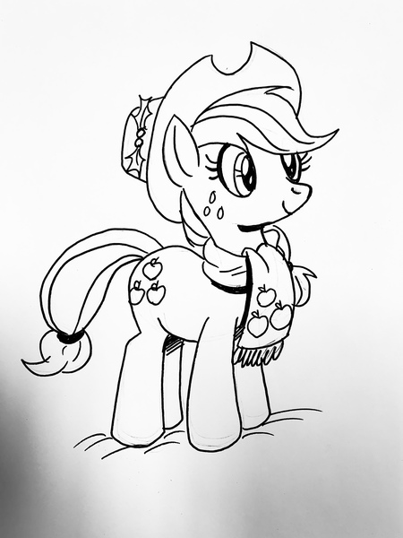 Size: 3024x4032 | Tagged: safe, artist:debmervin, derpibooru import, applejack, earth pony, pony, christmas, clothes, hat, hearth's warming, holiday, holly, ink drawing, monochrome, scarf, solo, traditional art