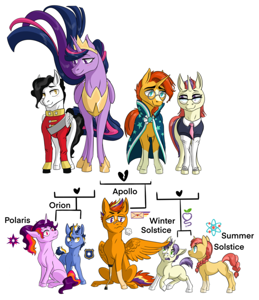 Size: 4457x5148 | Tagged: safe, artist:songbirddeige, derpibooru import, mercury, moondancer, princess twilight 2.0, starry eyes (character), sunburst, twilight sparkle, twilight sparkle (alicorn), oc, oc:apollo, oc:orion, oc:polaris, oc:summer solstice, oc:winter solstice, alicorn, pegasus, pony, unicorn, the last problem, absurd resolution, big crown thingy 2.0, colt, female, filly, male, offspring, parent:mercury, parent:moondancer, parent:sunburst, parent:twilight sparkle, parents:sundancer, parents:twiburst, parents:twimercury, shipping, straight, sundancer, twiburst, twimercury