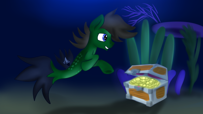 Size: 1280x720 | Tagged: artist:jbond, commission, derpibooru import, male, oc, oc:delta hooves, safe, seaponified, seapony (g4), species swap, stallion, text, treasure, treasure chest, unofficial characters only, ych result