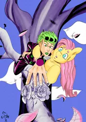 Size: 2481x3508 | Tagged: safe, artist:jojohernandez, derpibooru import, fluttershy, pegasus, pony, anime, crossover, flower, giorno giovanna, golden wind, jojo's bizarre adventure, tree, vento aureo