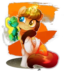 Size: 1816x2010 | Tagged: safe, artist:dormin-kanna, derpibooru import, oc, oc:kimi, pony, unicorn, chell, female, heterochromia, magic, mare, plushie, ponytail, portal (valve), sitting, telekinesis