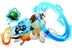 Size: 1024x725 | Tagged: safe, artist:dormin-kanna, derpibooru import, oc, pony, unicorn, chell, companion cube, creeper, crossover, female, mare, portal, portal (valve), portal gun, simple background, transparent background