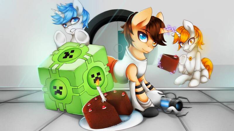 Size: 1192x670 | Tagged: safe, artist:twigileia, derpibooru import, oc, pony, unicorn, atlas (portal), chell, commission, companion cube, creeper, crossover, female, magic, mare, p-body, portal (valve), portal gun, telekinesis