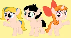 Size: 952x506 | Tagged: safe, artist:mlpfinisthebest222, artist:selenaede, artist:twidashfan1234, derpibooru import, ponified, earth pony, pegasus, pony, unicorn, base used, blossom (powerpuff girls), bow, bubbles (powerpuff girls), buttercup (powerpuff girls), cartoon network, crossover, female, filly, powerpuff girls 2016, the powerpuff girls