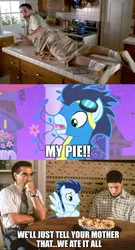 Size: 652x1211 | Tagged: suggestive, derpibooru import, edit, edited screencap, screencap, soarin', human, pegasus, pony, the best night ever, american pie, apple, apple pie, caption, caught, dialogue, food, image macro, kitchen, movie quote, movie reference, pie, soarin's apple pie, table, text
