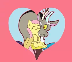 Size: 963x830 | Tagged: safe, artist:kumakum, derpibooru import, discord, fluttershy, draconequus, pegasus, pony, cute, discoshy, discute, eyes closed, female, frog (hoof), heart, holding a pony, hug, male, mare, one eye closed, shipping, shyabetes, smiling, straight, underhoof