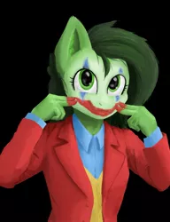 Size: 1671x2173 | Tagged: safe, artist:kumakum, derpibooru import, oc, oc:anonfilly, unofficial characters only, anthro, earth pony, arthur fleck, clothes, face paint, female, image, joker (2019), jpeg, looking at you, makeup, shirt, smiling, solo, the joker