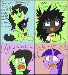 Size: 913x997 | Tagged: safe, artist:happy harvey, derpibooru import, twilight sparkle, oc, oc:anonfilly, oc:polly o'golly, pony, blackface, clothes, colored, comic, dialogue, doll, female, filly, golliwog, living object, scared, screaming, toy