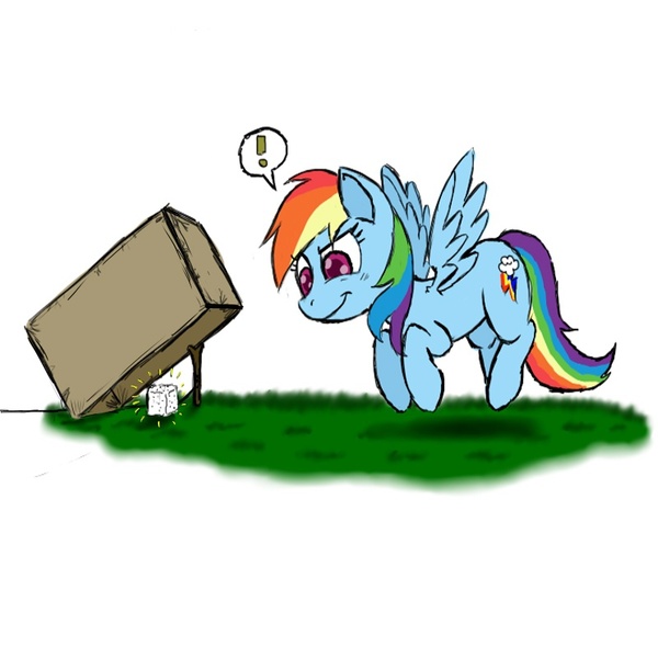 Size: 800x800 | Tagged: artist:ichibangravity, cardboard box, dead source, derpibooru import, eyes on the prize, flying, food, it's a trap, rainbow dash, safe, solo, stick, string, sugarcube, sugar (food), trap (device)