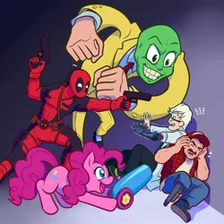 Size: 3850x3850 | Tagged: safe, artist:tyscope, derpibooru import, pinkie pie, pony, boomstick (death battle), deadpool, death battle, exploitable meme, gun, handgun, meme, party cannon, pistol, the fourth wall cannot save you, the mask, weapon, wiz (death battle)