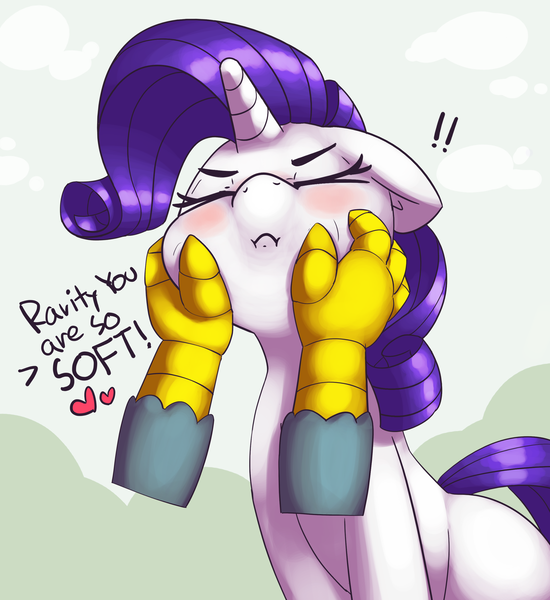 Size: 2562x2796 | Tagged: safe, artist:pabbley, derpibooru import, gabby, rarity, gryphon, pony, unicorn, :c, >:c, abstract background, blushing, cheek pinch, cheek squish, cheeks, cute, dialogue, disembodied hand, duo, duo female, exclamation point, eyes closed, female, frown, grabbing, hand, heart, high res, mare, offscreen character, pov, raribetes, rarity is a marshmallow, rarity is not amused, sitting, soft, squishy cheeks, unamused