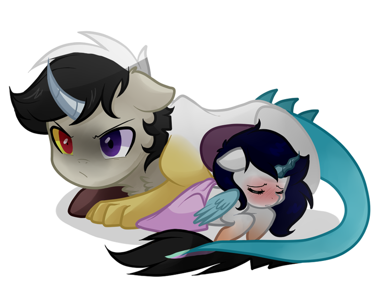 Size: 974x743 | Tagged: safe, artist:hikariviny, derpibooru import, oc, oc:chaotic, oc:harmony (hikariviny), hybrid, pony, blanket, colt, female, filly, heterochromia, interspecies offspring, male, offspring, overprotective, parent:discord, parent:princess celestia, parents:dislestia, siblings, sick