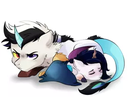 Size: 973x742 | Tagged: safe, artist:hikariviny, derpibooru import, oc, oc:chaotic, oc:harmony (hikariviny), hybrid, pony, blanket, colt, female, filly, heterochromia, interspecies offspring, male, offspring, overprotective, parent:discord, parent:princess celestia, parents:dislestia, redraw, siblings, sick