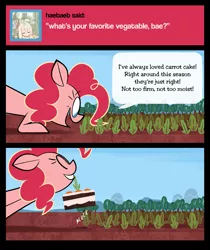 Size: 1077x1280 | Tagged: safe, artist:belaboy, artist:footsam, banned from derpibooru, deleted from derpibooru, derpibooru import, pinkie pie, earth pony, pony, ask pinkie pie and tornado, ask, cake, carrot, carrot cake (food), comic, female, food, image, mare, mouth hold, no catchlights, no pupils, pinkie being pinkie, pinkie physics, png, pulling, solo, tumblr, wat