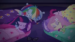 Size: 1920x1080 | Tagged: safe, derpibooru import, screencap, fluttershy, pinkie pie, rainbow dash, sci-twi, twilight sparkle, equestria girls, equestria girls series, sunset's backstage pass!, spoiler:eqg series (season 2), eyes closed, female, glasses, pillow, quartet, rv, sleeping, sleeping bag