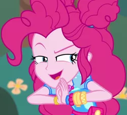Size: 1196x1080 | Tagged: safe, derpibooru import, screencap, pinkie pie, accountibilibuddies, equestria girls, equestria girls series, spoiler:eqg series (season 2), accountibilibuddies: pinkie pie, clothes, cropped, devious, devious smile, geode of sugar bombs, hands together, jewelry, lidded eyes, magical geodes, wristband
