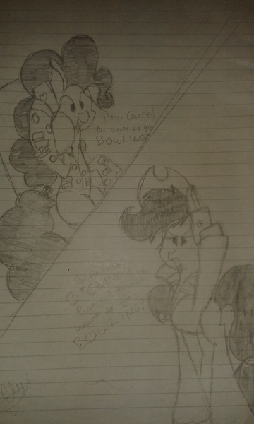 Size: 1536x2560 | Tagged: safe, artist:treble clefé, derpibooru import, applejack, pinkie pie, earth pony, pony, annoyed, clothes, cousins, grand theft auto, gta iv, hey cousin, let's go bowling, lined paper, monochrome, niko bellic, phone, photo, roman bellic, signature, solo, traditional art, vulgar