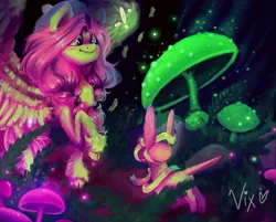 Size: 4293x3451 | Tagged: safe, artist:thewickedvix, derpibooru import, fluttershy, eevee, pony, absurd resolution, cloven hooves, exclamation point, mushroom, pokemon shield, pokémon, solo