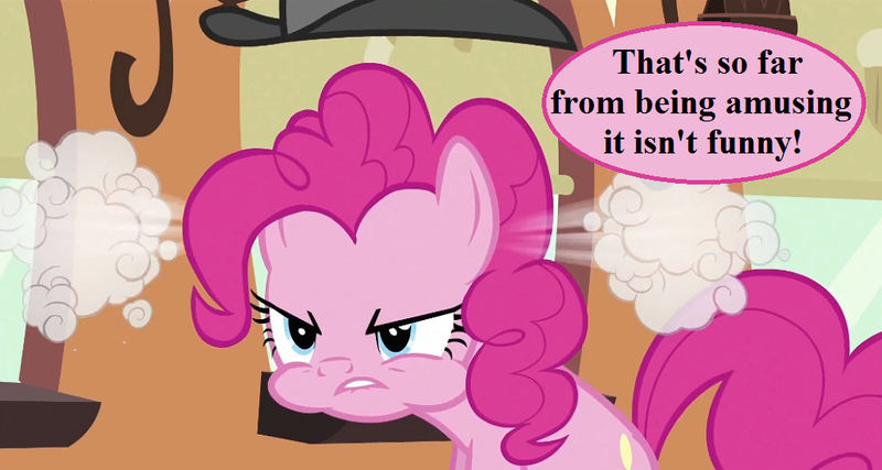 Size: 993x530 | Tagged: safe, derpibooru import, edit, edited screencap, screencap, pinkie pie, pony, mmmystery on the friendship express, angry, cropped, dude not funny (reaction image), hat, high-pressure emotion, pun, reaction image, solo, speech, speech bubble, steam, talking, train