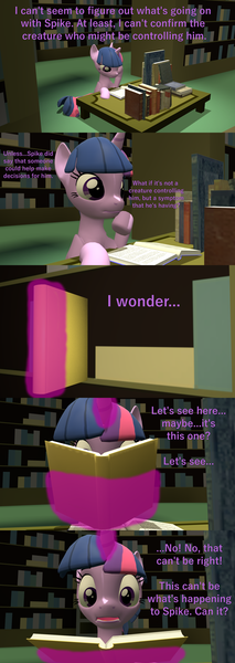 Size: 1920x5400 | Tagged: safe, artist:papadragon69, derpibooru import, twilight sparkle, twilight sparkle (alicorn), alicorn, dragon, pony, comic:spike's cyosa, 3d, book, comic, cyoa, ending, female, library, mare, source filmmaker