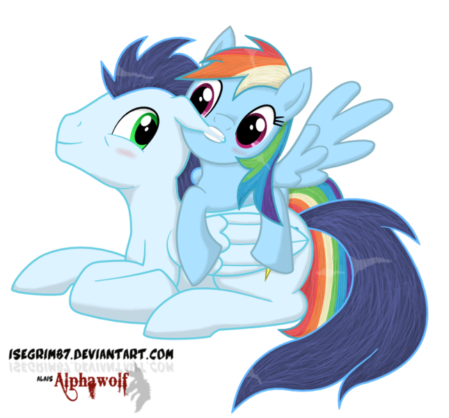 Size: 757x704 | Tagged: safe, artist:isegrim87, derpibooru import, rainbow dash, soarin', biting, blushing, ear bite, female, male, shipping, simple background, soarindash, straight, transparent background