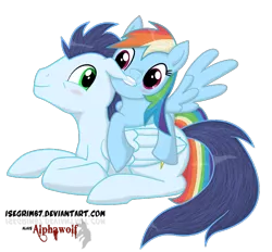 Size: 757x704 | Tagged: safe, artist:isegrim87, derpibooru import, rainbow dash, soarin', biting, blushing, ear bite, female, male, shipping, simple background, soarindash, straight, transparent background