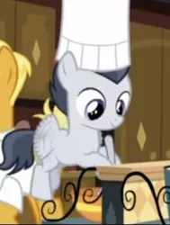 Size: 404x535 | Tagged: safe, derpibooru import, screencap, gourmand ramsay, rumble, pegasus, pony, the last problem, canterlot, chef's hat, cooking, cropped, hat, kitchen, smiling, solo focus