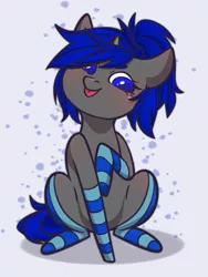 Size: 1387x1847 | Tagged: safe, artist:kostyak, derpibooru import, oc, oc:dream², unicorn, :p, blushing, chibi, clothes, ponytail, socks, striped socks, tongue out