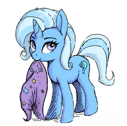 Size: 598x594 | Tagged: safe, artist:shydale, derpibooru import, trixie, pony, unicorn, clothes, cute, diatrixes, female, flockmod, hat, mare, mouth hold, nom, simple background, solo, trixie's hat, white background