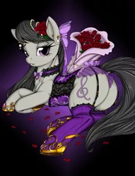 Size: 686x899 | Tagged: suggestive, artist:longinius, derpibooru import, octavia melody, earth pony, pony, series:rarity's secret, bouquet, butt, choker, clothed ponies, clothes, corset, dock, female, flower, garter belt, garters, lingerie, mare, plot, rose, solo, solo female, stockings, stupid sexy octavia, thigh highs, treblebutt