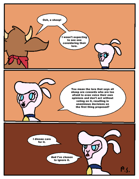 Size: 612x792 | Tagged: arizona cow, artist:newbiespud, artist:paper shadow, comic, comic:friendship is dragons, community related, cow, derpibooru import, dialogue, female, lamb, neckerchief, pom lamb, safe, sheep, them's fightin' herds