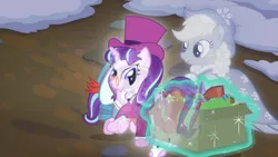 Size: 1920x1080 | Tagged: safe, derpibooru import, screencap, applejack, snowfall frost, spirit of hearth's warming past, starlight glimmer, earth pony, ghost, pony, undead, unicorn, a hearth's warming tail, box, butt, female, filly, great moments in animation, hat, incorporeal, mare, plot, pushing, self ponidox, top hat, transparent flesh