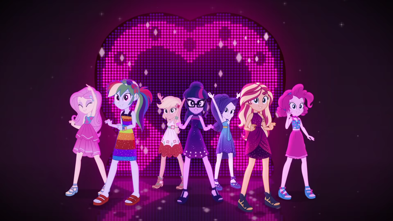 Size: 1920x1080 | Tagged: safe, derpibooru import, screencap, applejack, fluttershy, pinkie pie, rainbow dash, rarity, sci-twi, sunset shimmer, twilight sparkle, human, equestria girls, equestria girls series, i'm on a yacht, spoiler:eqg series (season 2), alternate hairstyle, armpits, arms in the air, clothes, concert, cruise concert outfit, dress, eyes closed, female, glasses, humane seven, image, looking at you, neon eg logo, open smile, open-toed shoes, png, ponytail, raised arm, sandals, shoes, short dress, sleeveless, smiling