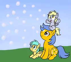 Size: 781x681 | Tagged: dead source, safe, artist:darlimondoll, derpibooru import, bubbles (g1), derpy hooves, sunshower raindrops, earth pony, pegasus, pony, family, female, filly, foal, g1, g1 to g4, g4, generation leap, mare, mother and child, mother and daughter, star (coat marking), trio, younger