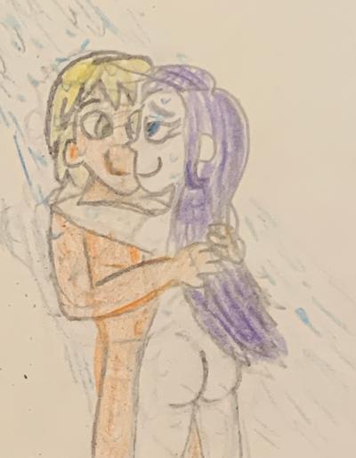 Size: 400x514 | Tagged: questionable, artist:13mcjunkinm, derpibooru import, ragamuffin (equestria girls), rarity, equestria girls, butt, female, male, nudity, rarimuffin, rearity, shipping, shower, straight, traditional art