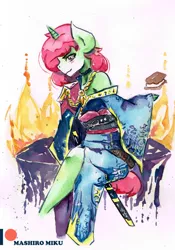 Size: 748x1068 | Tagged: anthro, artist:mashiromiku, clothes, derpibooru import, kimono (clothing), oc, oc:spicy flavor, patreon, patreon logo, safe, samurai, traditional art, watercolor painting