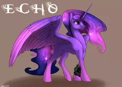 Size: 1024x732 | Tagged: safe, artist:backlash91, derpibooru import, oc, oc:echo (the chrysalis), unofficial characters only, alicorn, pony, fallout equestria, fanfic, fanfic:fallout equestria: the chrysalis, alicorn oc, artificial alicorn, brown background, ethereal mane, fanfic art, horn, pipbuck, purple alicorn (fo:e), simple background, solo, starry mane, wings