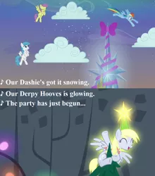 Size: 960x1090 | Tagged: a hearth's warming tail, bow, cloud, cropped, cute, derpabetes, derpibooru import, derpy hooves, derpy star, edit, edited screencap, g3, g3 to g4, generation leap, hearth's warming eve, hearth's warming lights, hearth's warming tree, lightning bolt, lyrics, parasol, rainbow dash, safe, screencap, snow, song reference, text, that's what i love about christmas, tree, twilight's castle, white lightning