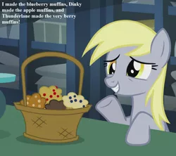 Size: 1215x1080 | Tagged: safe, derpibooru import, edit, edited screencap, screencap, derpy hooves, pony, slice of life (episode), basket, cropped, cute, derpabetes, food, implied dinky, implied thunderlane, muffin, post office, solo, speech, talking, that pony sure does love muffins