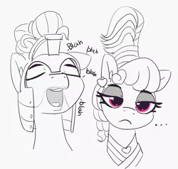 Size: 3516x3343 | Tagged: safe, artist:pabbley, derpibooru import, rainbow dash, zephyr breeze, pony, sparkle's seven, ..., alternate hairstyle, bored, bust, megaradash, partial color, rainbow dash is not amused, rambling, royal guard, royal guard zephyr breeze, scene interpretation, simple background, unamused, white background