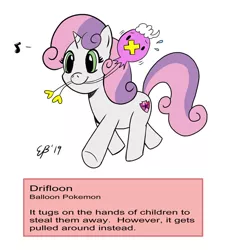 Size: 848x942 | Tagged: safe, artist:cartoon-eric, derpibooru import, sweetie belle, drifloon, unicorn, crossover, cute, diasweetes, mouth hold, pokémon, solo